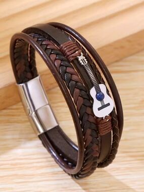NWT Unisex Acoustic Guitar Bracelet Multi-Layered Vegan Leather Guitar Charm